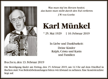 Traueranzeige von Karl Münkel von Fränkische Nachrichten