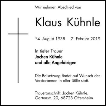 Traueranzeige von Klaus Kühnle von Schwetzinger Zeitung