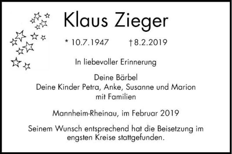  Traueranzeige für Klaus Zieger vom 23.02.2019 aus Mannheimer Morgen