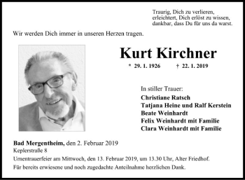 Traueranzeige von Kurt Kirchner von Fränkische Nachrichten