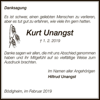Traueranzeige von Kurt Unangst von Fränkische Nachrichten