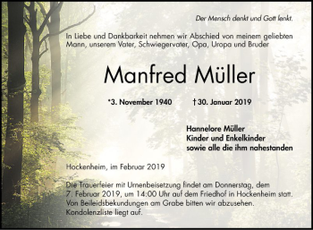 Traueranzeige von Manfred Müller von Schwetzinger Zeitung
