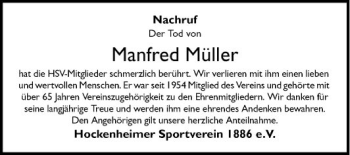 Traueranzeige von Manfred Müller von Schwetzinger Zeitung