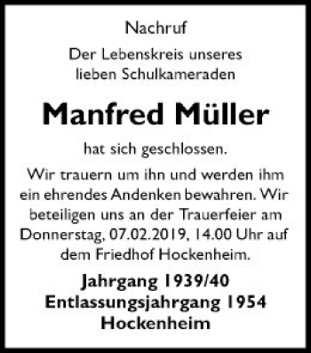 Traueranzeige von Manfred Müller von Schwetzinger Zeitung