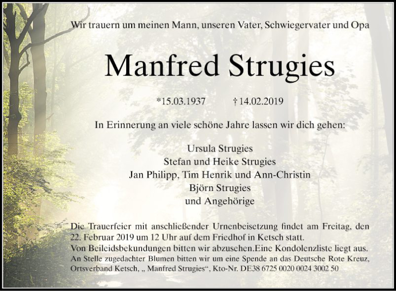  Traueranzeige für Manfred Strugies vom 20.02.2019 aus Schwetzinger Zeitung
