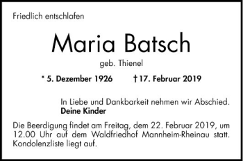 Traueranzeige von Maria Batsch von Mannheimer Morgen