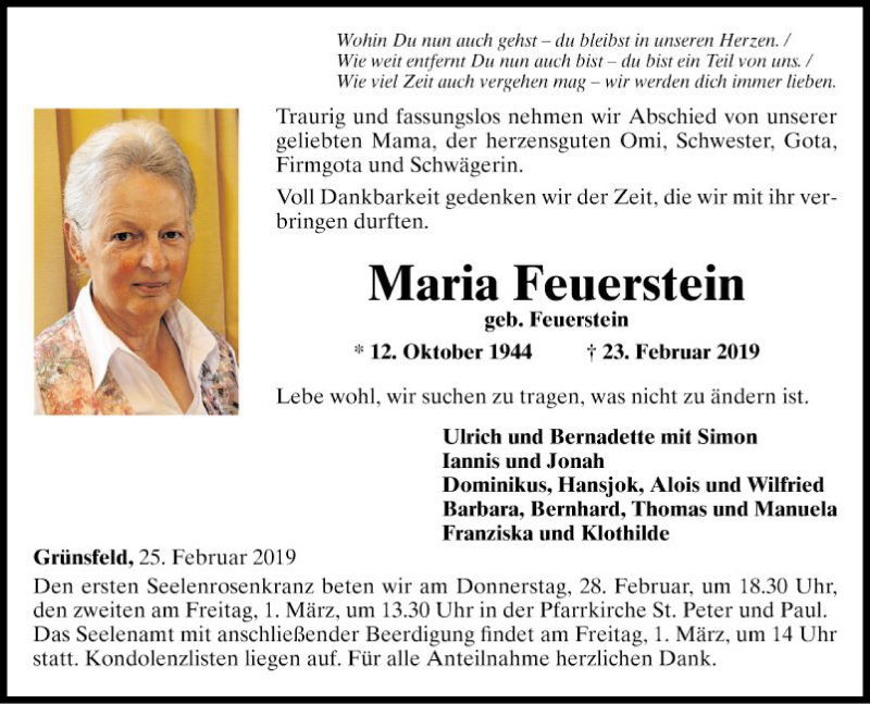 Traueranzeigen Von Maria Feuerstein | Trauerportal Ihrer Tageszeitung