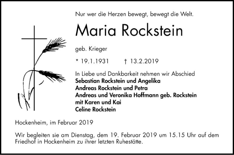  Traueranzeige für Maria Rockstein vom 16.02.2019 aus Schwetzinger Zeitung