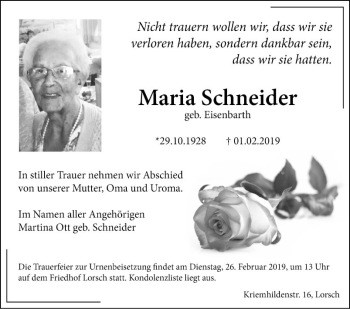 Traueranzeige von Maria Schneider von Bergsträßer Anzeiger