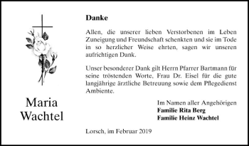 Traueranzeige von Maria Wachtel von Bergsträßer Anzeiger