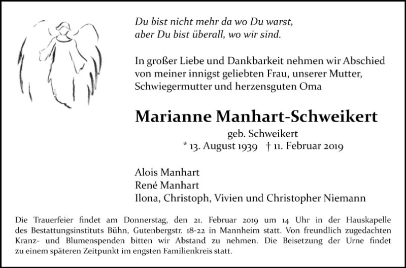  Traueranzeige für Marianne Manhart-Schweikert vom 16.02.2019 aus Mannheimer Morgen