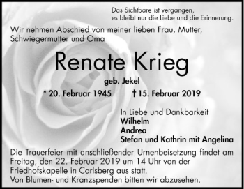 Traueranzeige von Renate Krieg von Mannheimer Morgen
