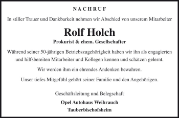 Traueranzeige von Rolf Holch von Fränkische Nachrichten