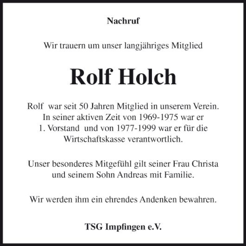  Traueranzeige für Rolf Holch vom 06.02.2019 aus Fränkische Nachrichten