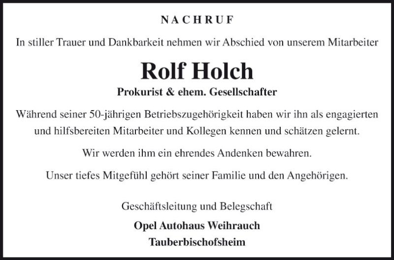  Traueranzeige für Rolf Holch vom 08.02.2019 aus Fränkische Nachrichten
