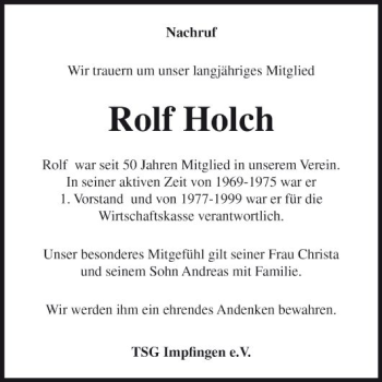 Traueranzeige von Rolf Holch von Fränkische Nachrichten