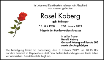 Traueranzeige von Rose Koberg von Bergsträßer Anzeiger