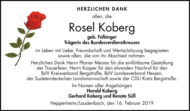 Traueranzeige für Rose Koberg vom 16.02.2019 aus Bergsträßer Anzeiger