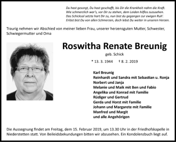 Traueranzeige von Roswitha Renate Breunig von Fränkische Nachrichten