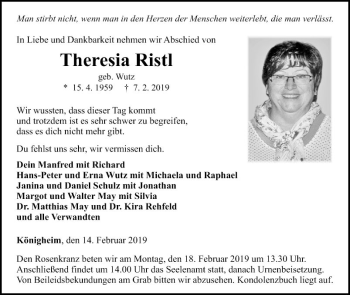 Traueranzeige von Theresia Ristl von Fränkische Nachrichten