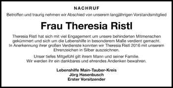 Traueranzeige von Theresia Ristl von Fränkische Nachrichten