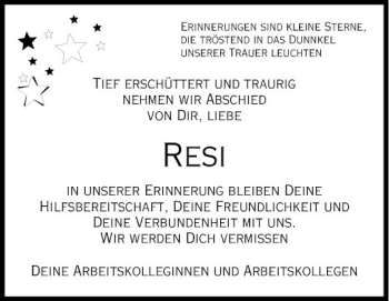 Traueranzeige von Theresia Ristl von Fränkische Nachrichten
