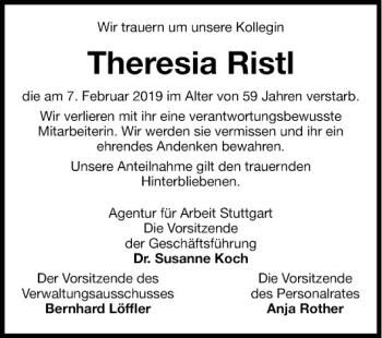 Traueranzeige von Theresia Ristl von Fränkische Nachrichten