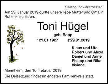 Traueranzeige von Toni Hügel von Mannheimer Morgen