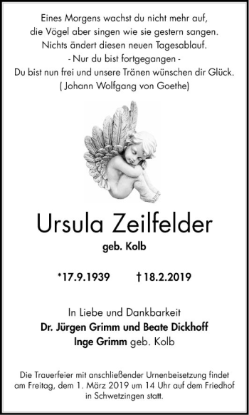 Traueranzeige von Ursula Zeitfelder von Schwetzinger Zeitung