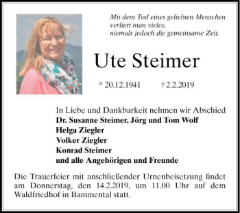 Traueranzeige von Ute Steimer von Mannheimer Morgen