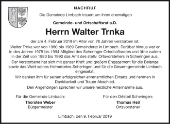 Traueranzeige von Walter Trnka von Fränkische Nachrichten