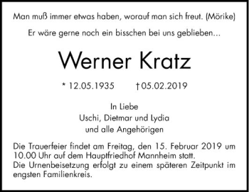 Traueranzeige von Werner Kratz von Mannheimer Morgen