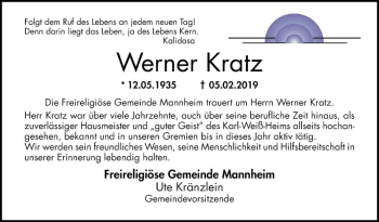 Traueranzeige von Werner Kratz von Mannheimer Morgen