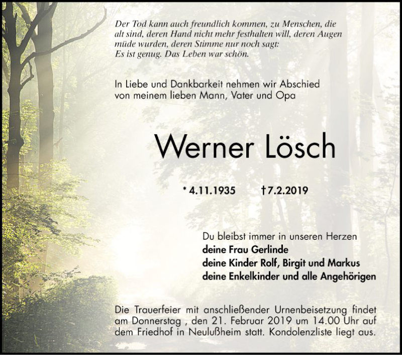  Traueranzeige für Werner Lösch vom 18.02.2019 aus Schwetzinger Zeitung