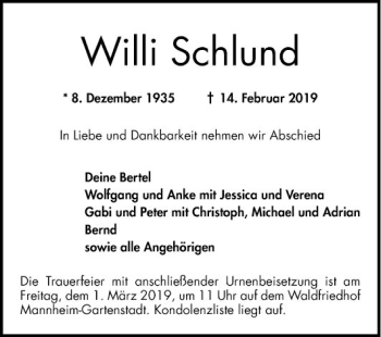 Traueranzeige von Willi Schlund von Mannheimer Morgen