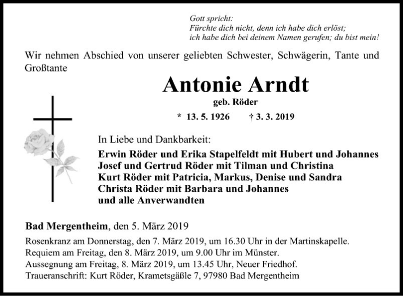  Traueranzeige für Antonie Arndt vom 05.03.2019 aus Fränkische Nachrichten