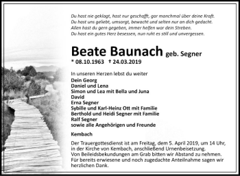 Traueranzeige von Beate Baunach von Fränkische Nachrichten