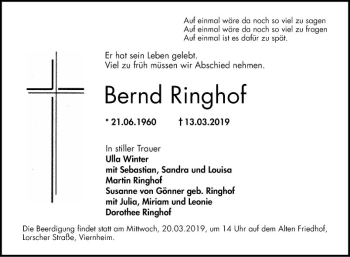Traueranzeige von Bernd Ringhof von Südhessen Morgen