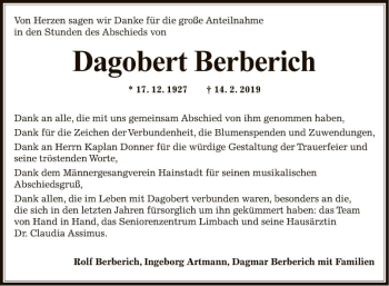 Traueranzeige von Dagobert Berberich von Fränkische Nachrichten
