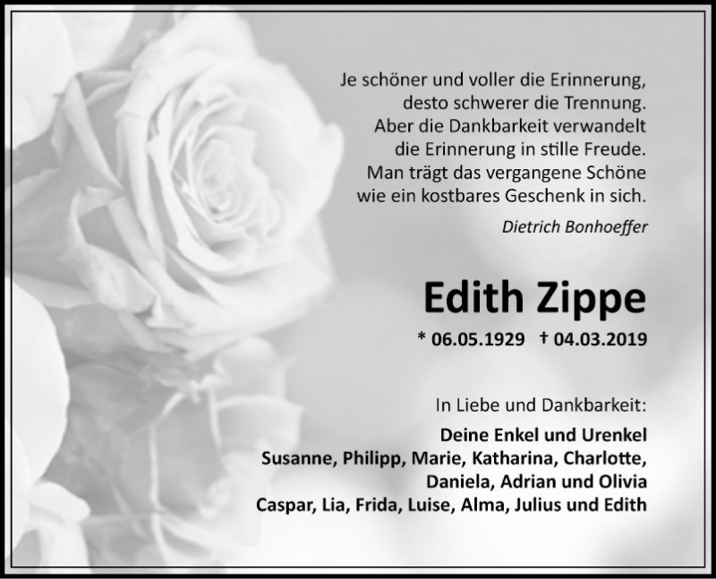  Traueranzeige für Edith Zippe vom 07.03.2019 aus Fränkische Nachrichten