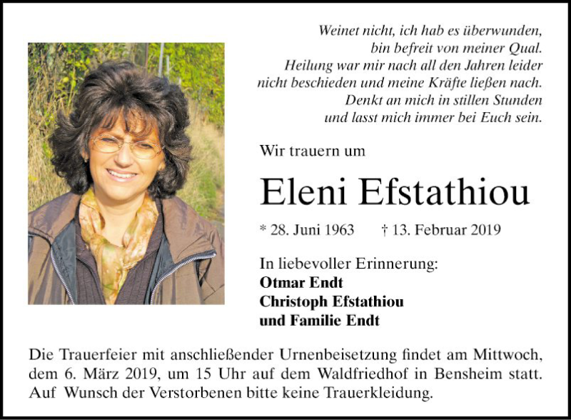  Traueranzeige für Eleni Efstathiou vom 02.03.2019 aus Bergsträßer Anzeiger