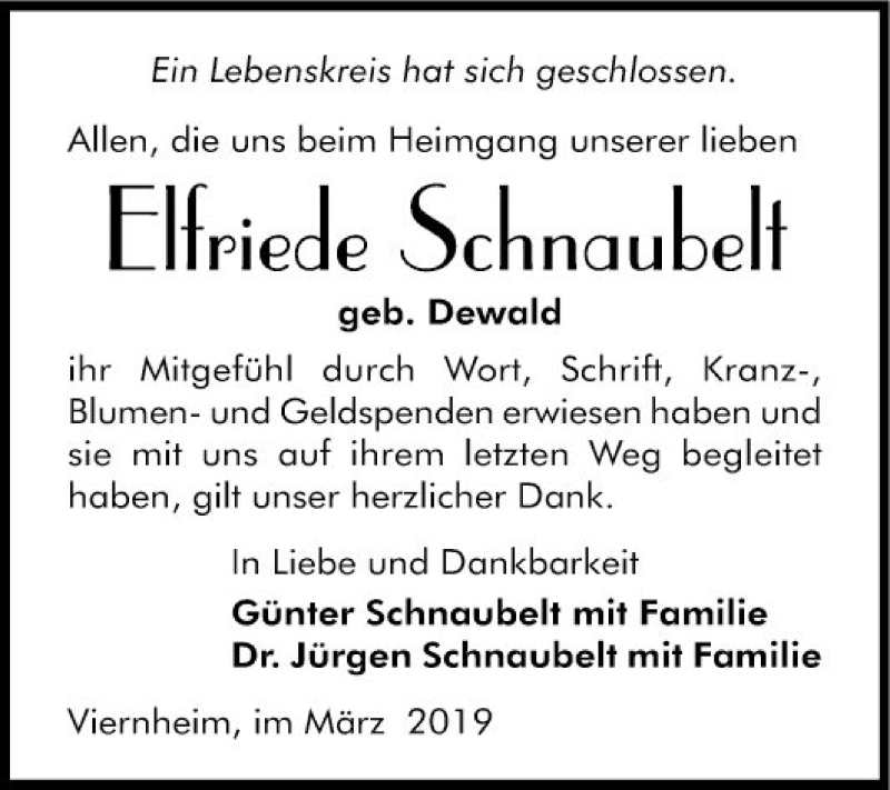  Traueranzeige für Elfriede Schnaubelt vom 02.03.2019 aus Südhessen Morgen