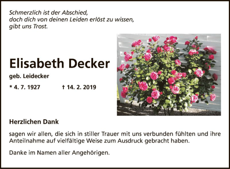  Traueranzeige für Elisabeth Decker vom 02.03.2019 aus Fränkische Nachrichten