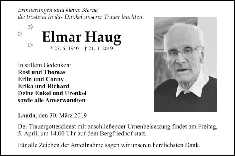  Traueranzeige für Elmar Haug vom 30.03.2019 aus Fränkische Nachrichten