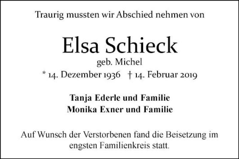  Traueranzeige für Elsa Schieck vom 09.03.2019 aus Mannheimer Morgen