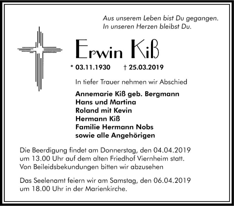  Traueranzeige für Erwin Kiß vom 30.03.2019 aus Südhessen Morgen