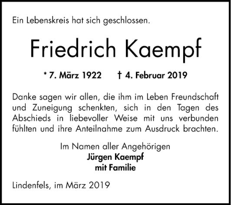  Traueranzeige für Friedrich Kaempf vom 02.03.2019 aus Bergsträßer Anzeiger