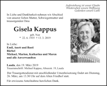 Traueranzeige von Gisela Kappus von Fränkische Nachrichten