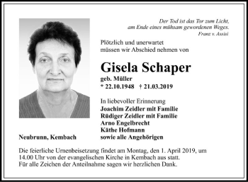 Traueranzeige von Gisela Schaper von Fränkische Nachrichten