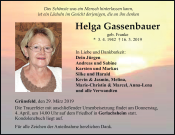 Traueranzeige von Helga Gassenbauer von Fränkische Nachrichten